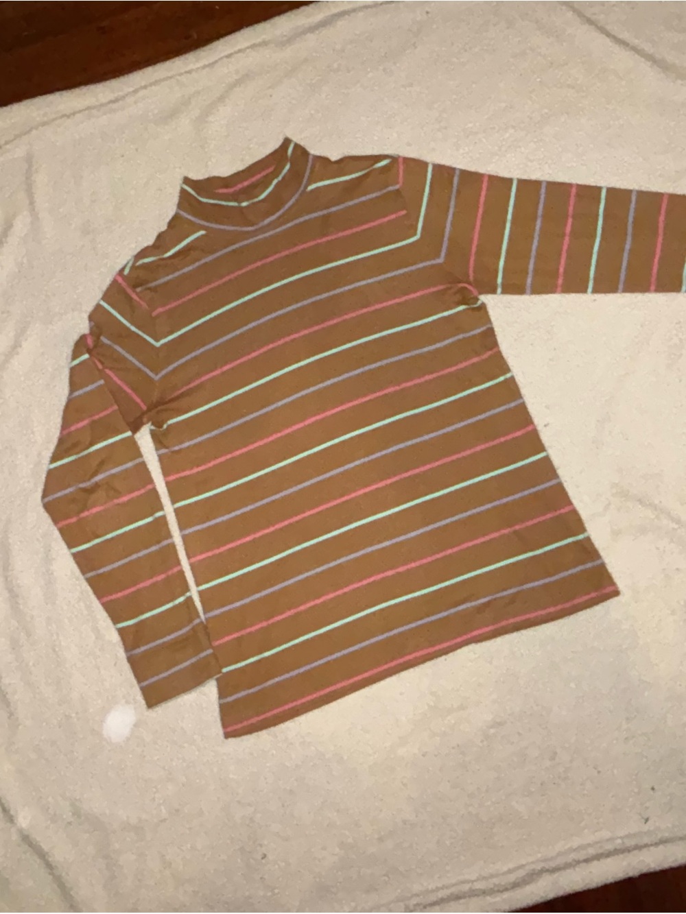 Lands' End Brown Long-Sleeve Turtleneck with Pink & Mint Stripes